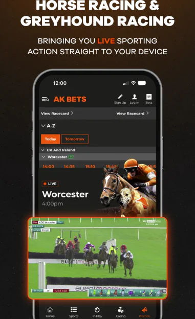 AK Bets app screen streaming UK and Irish horse racing and greyhounds live