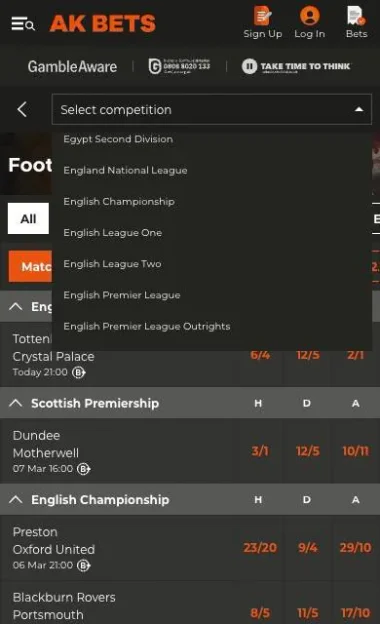 AK Bets football markets list from the Premier League to the Scottish Premiership