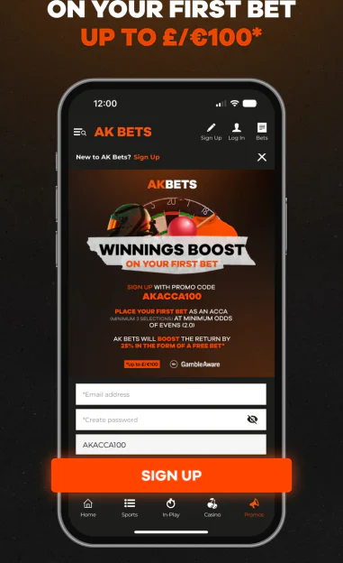 AK Bets sign-up screen for the 25% winnings boost on a first bet up to £100