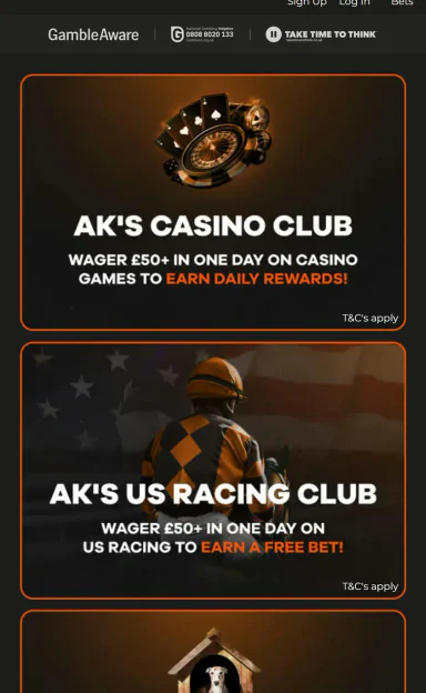 AK's Casino Club, US Racing Club and Kennel Club cards in the AK Bets app