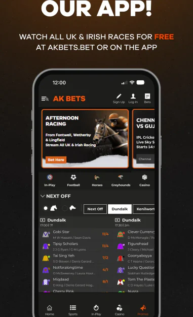 Download the AK Bets app screen showing afternoon racing markets