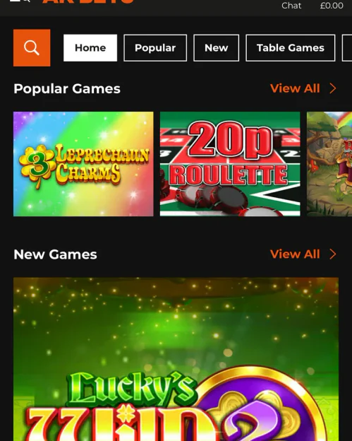 Popular Games row in the AK Bets casino with 3 Leprechaun Charms and 20p Roulette